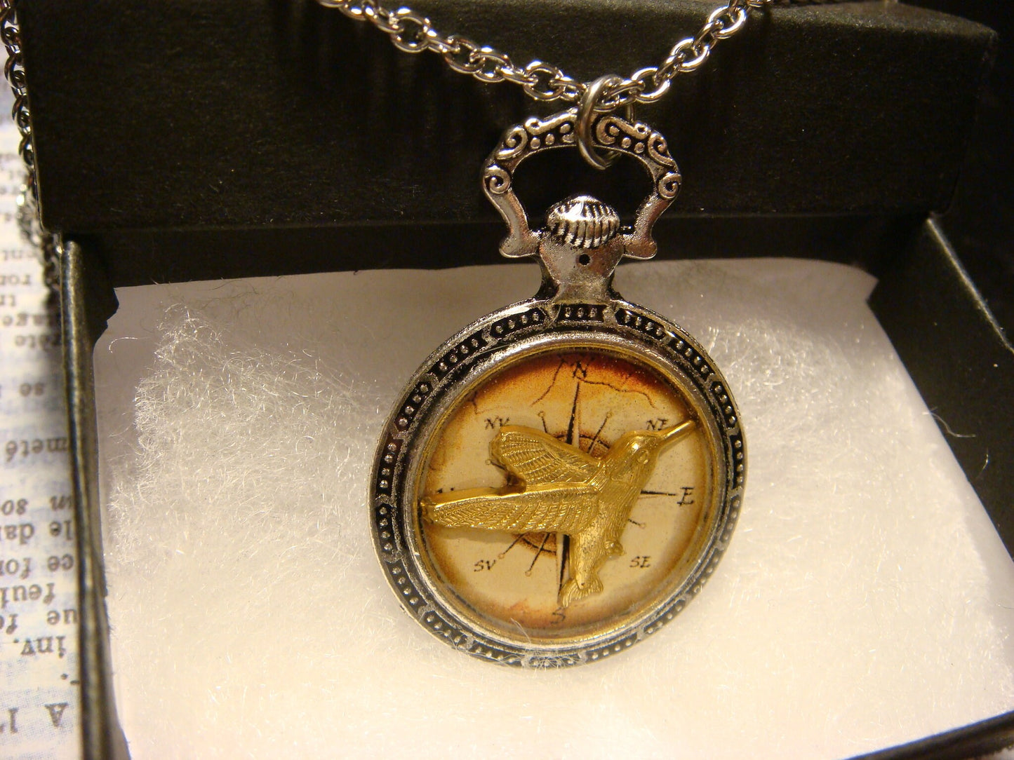 Hummingbird over Compass Pocket Watch Pendant Necklace