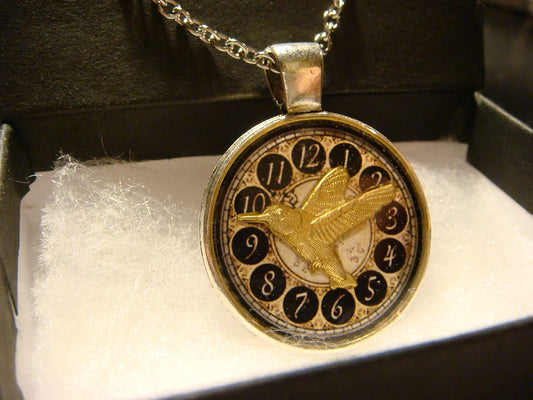 Hummingbird over Clock Pendant Necklace