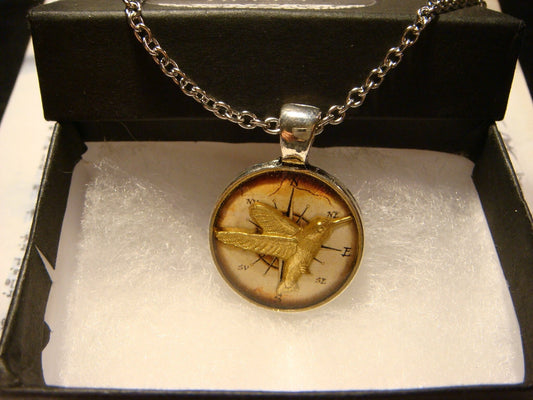 Hummingbird over Compass Small Pendant Necklace