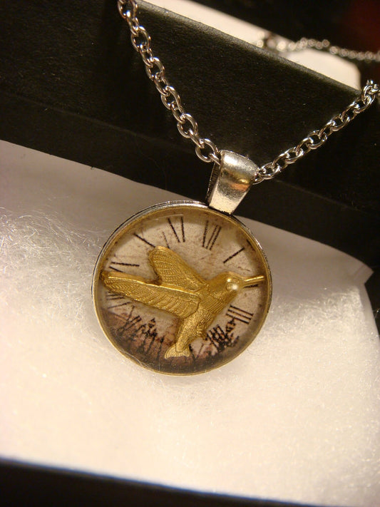 Hummingbird over Victorian Clock Small Pendant Necklace