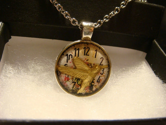 Hummingbird over Floral Clock Small Pendant Necklace