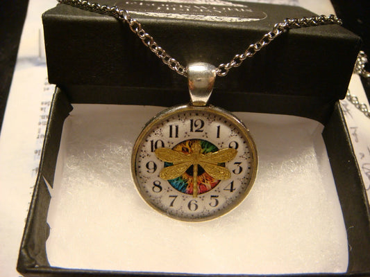 Dragonfly over Clock Pendant Necklace