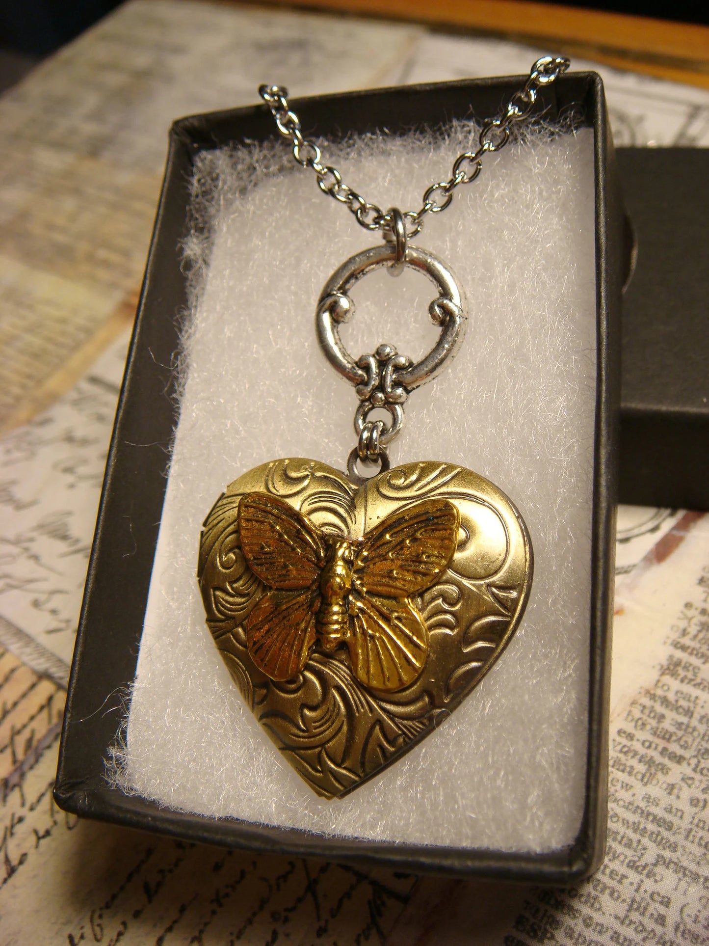 Butterfly Heart Locket Necklace in Antique Gold and Bronze