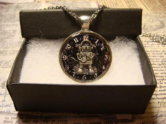 Robot over Clock Pendant Necklace