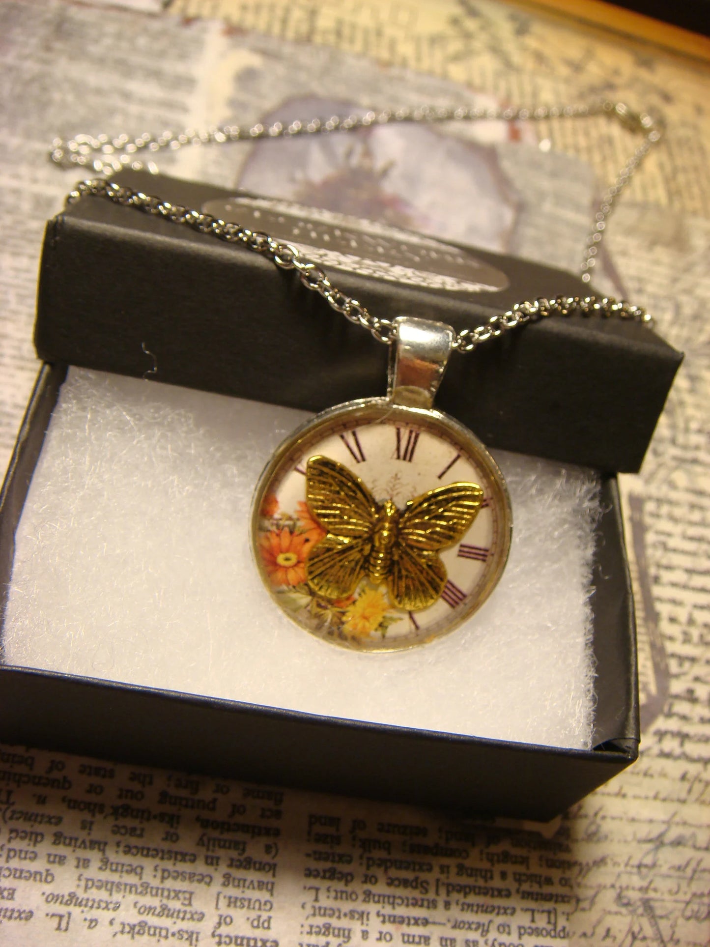 Butterfly over Floral Clock Pendant Necklace