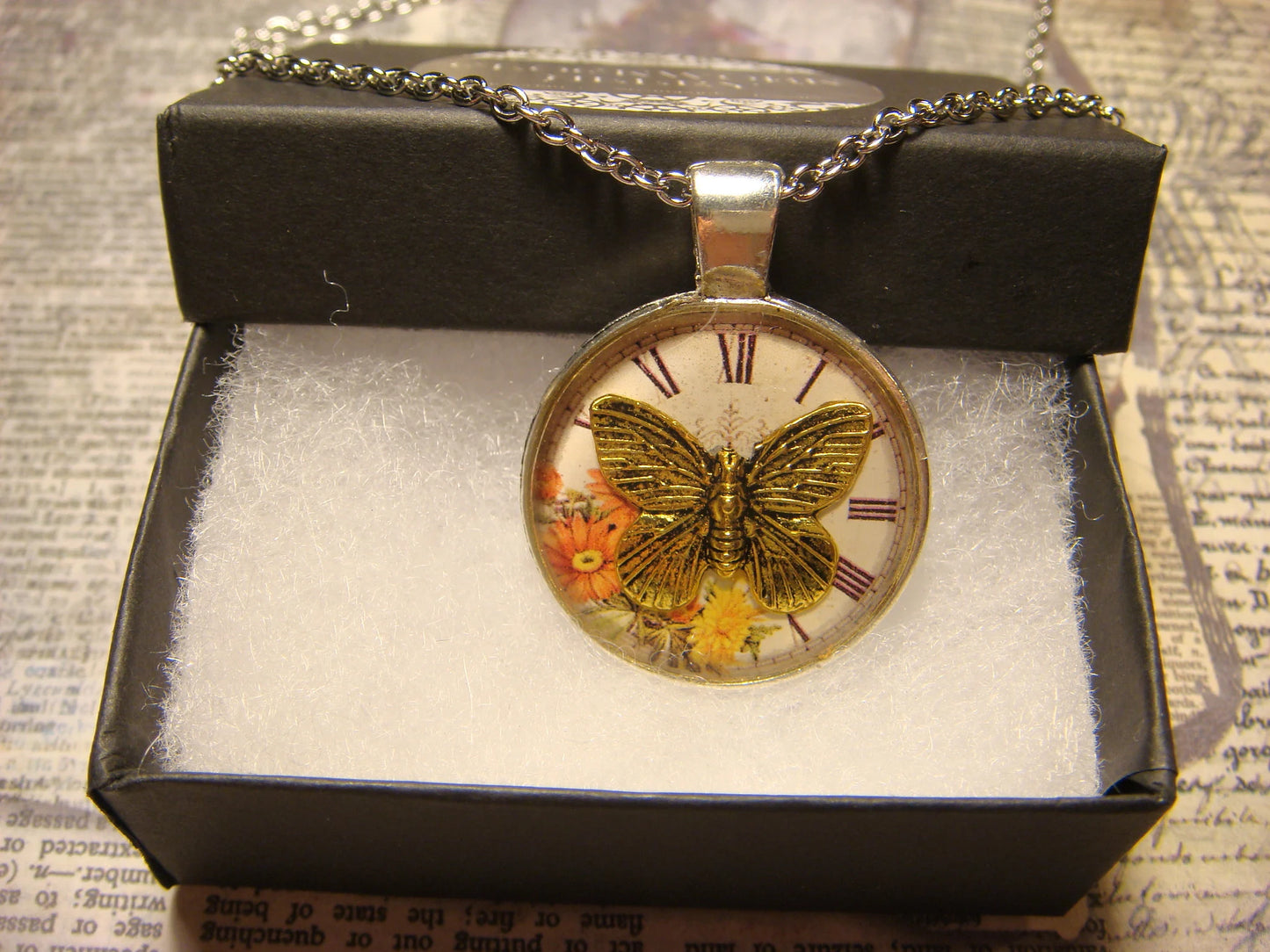 Butterfly over Floral Clock Pendant Necklace