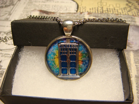 Police Box Colorful Clock Pendant Necklace