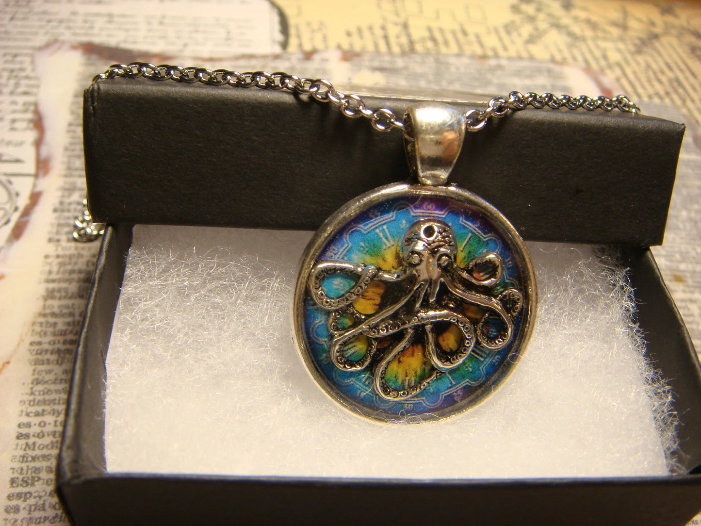 Octopus over Colorful Clock Pendant Necklace