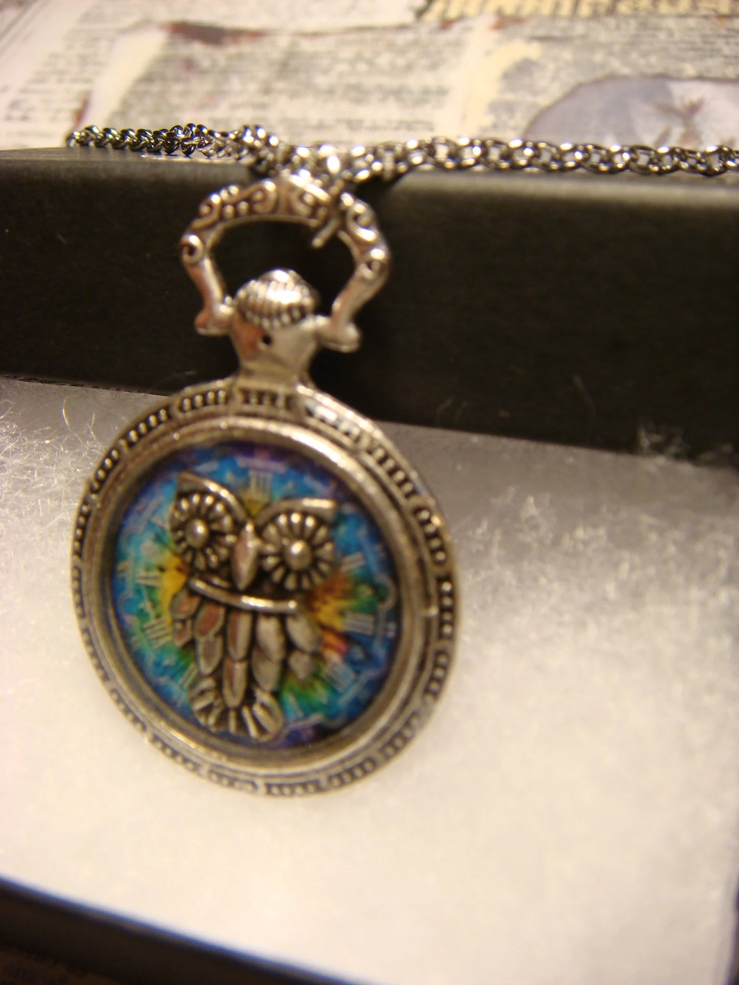 Owl over Colorful Clock Pocket Watch Pendant Necklace