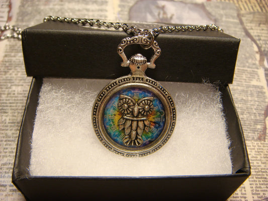 Owl over Colorful Clock Pocket Watch Pendant Necklace