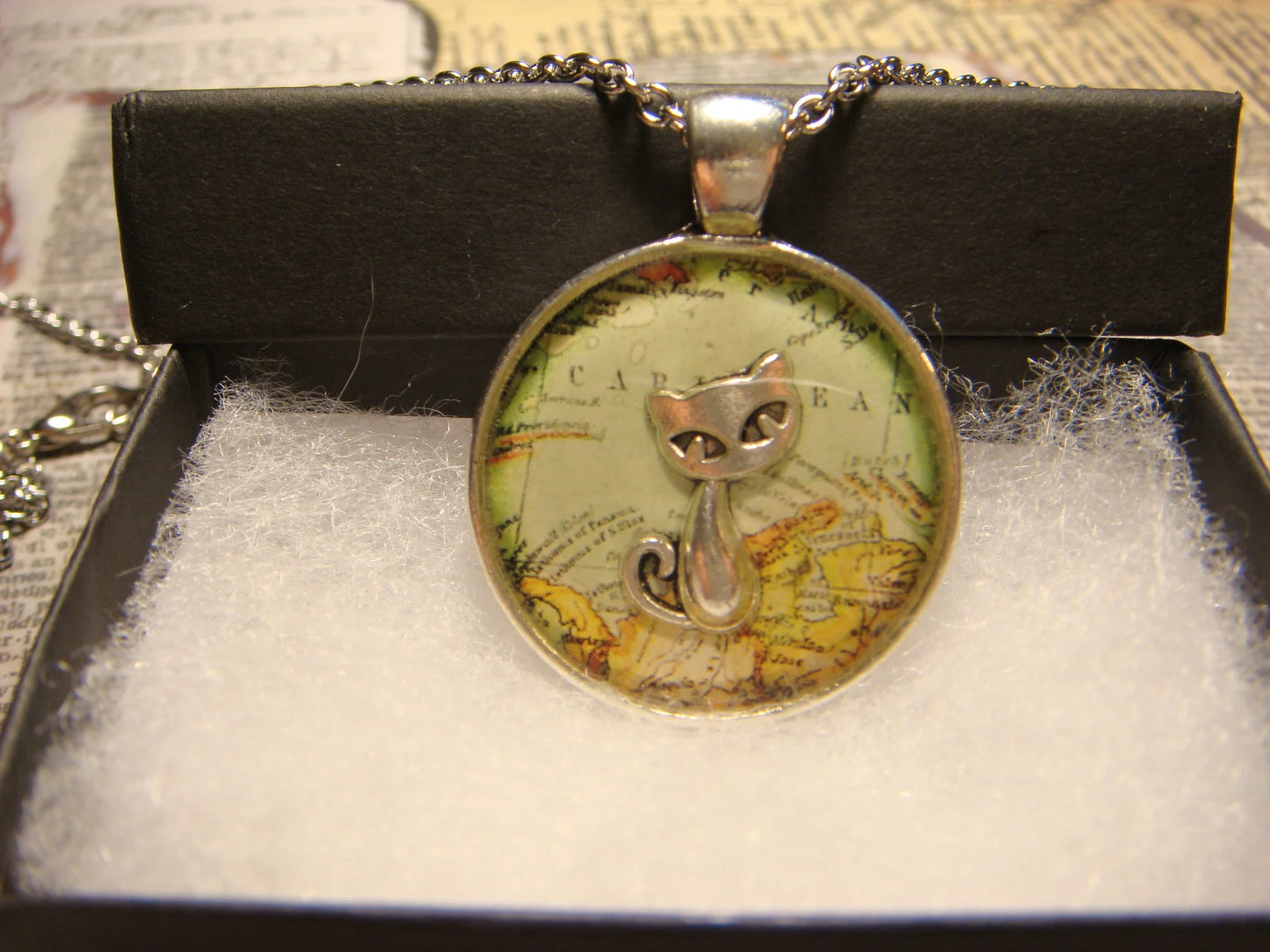 Cat over Map Pendant Necklace