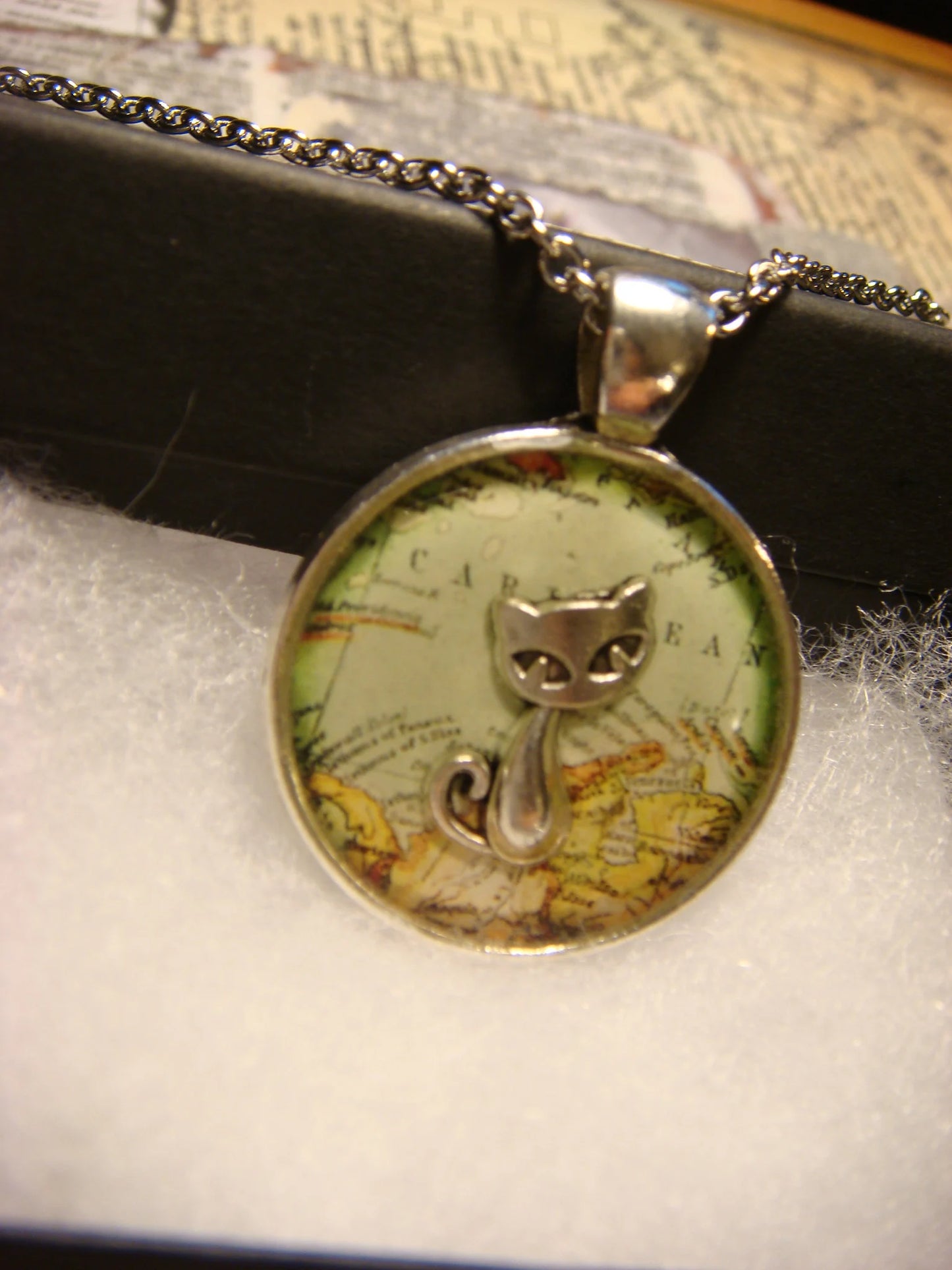 Cat over Map Pendant Necklace