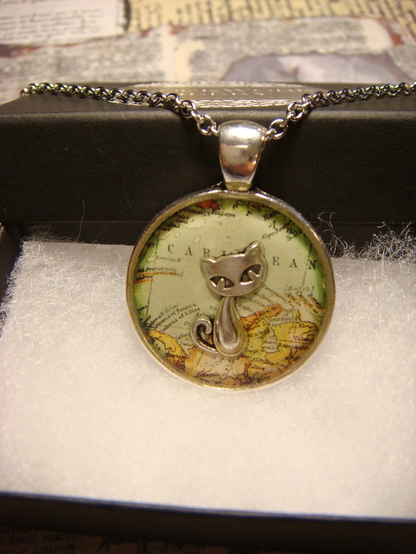 Cat over Map Pendant Necklace