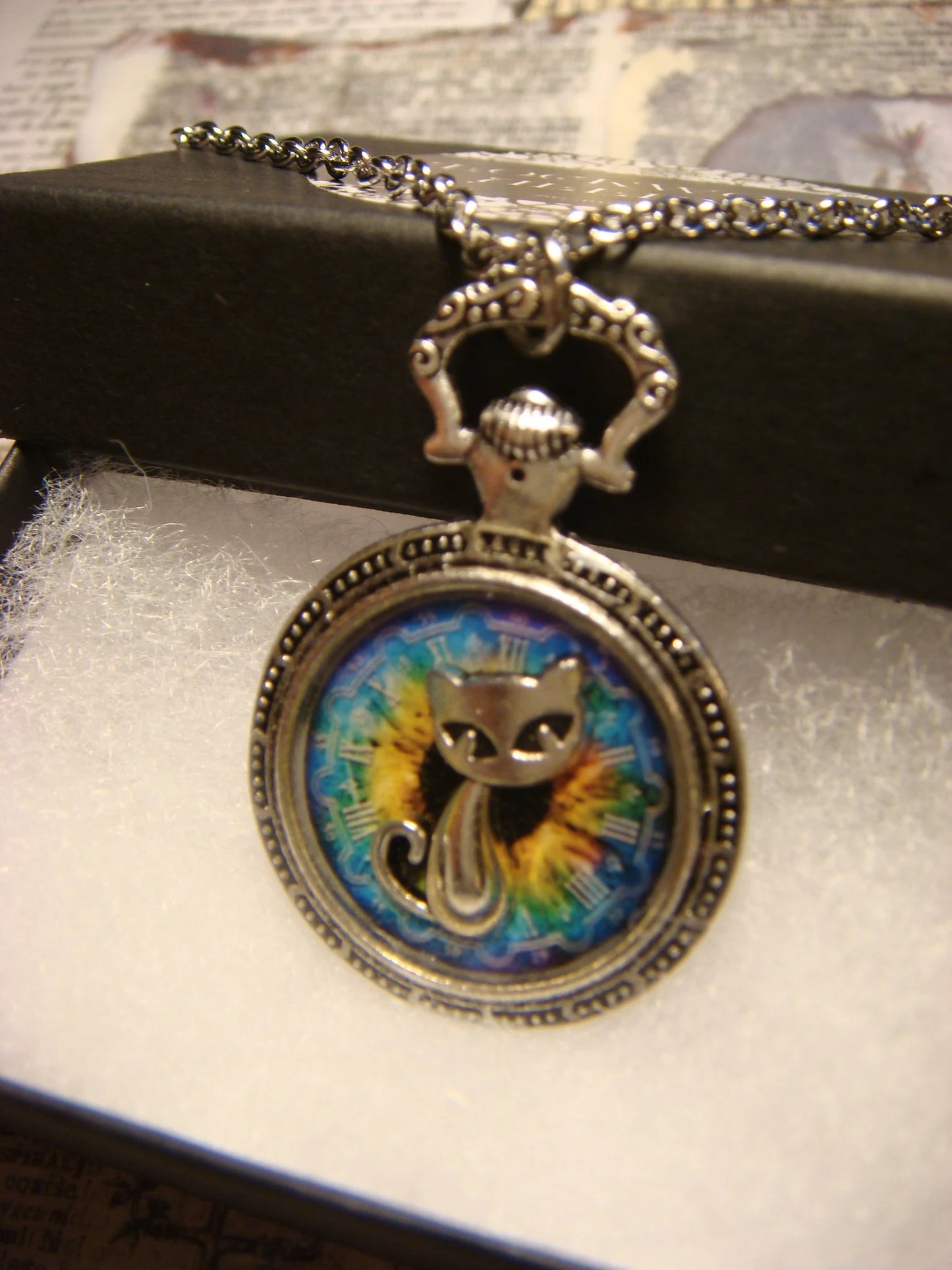 Cat over Colorful Clock Pocket Watch Pendant Necklace