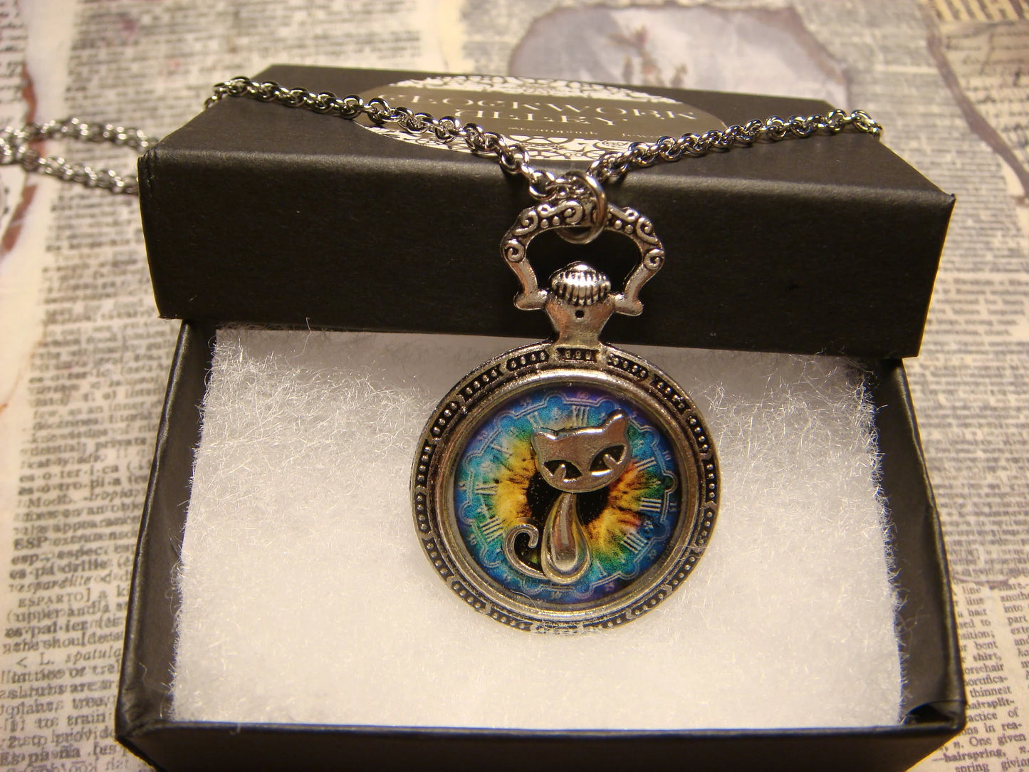 Cat over Colorful Clock Pocket Watch Pendant Necklace