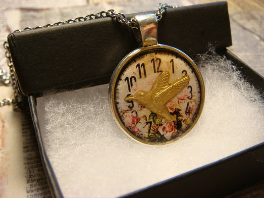 Hummingbird over Floral Clock Pendant Necklace
