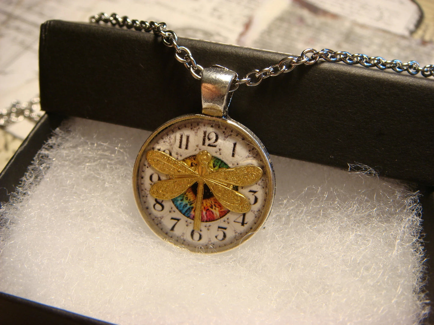 Dragonfly over Clock Small Pendant Necklace