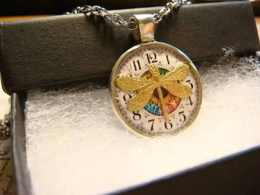 Dragonfly over Clock Small Pendant Necklace