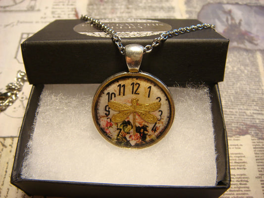 Dragonfly over Floral Clock Small Pendant Necklace