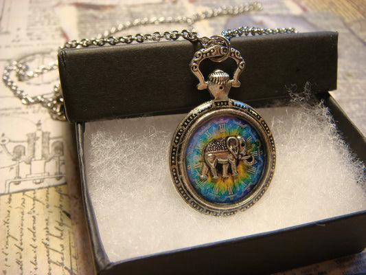 Elephant over Colorful Clock Pocket Watch Pendant Necklace