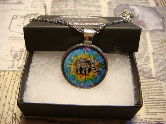 Elephant over Colorful Clock Pendant Necklace