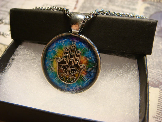 Hamsa over Colorful Clock Pendant Necklace