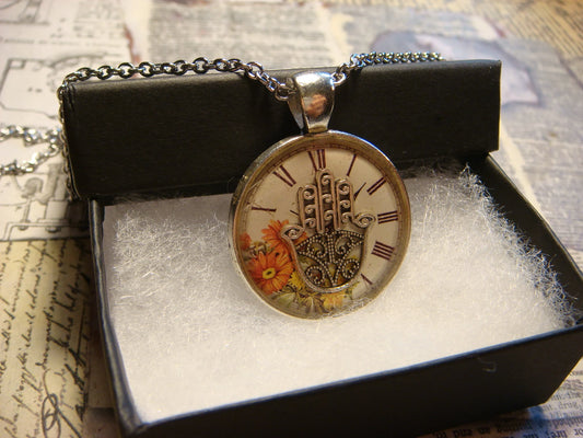 Hamsa over Floral Clock Pendant Necklace
