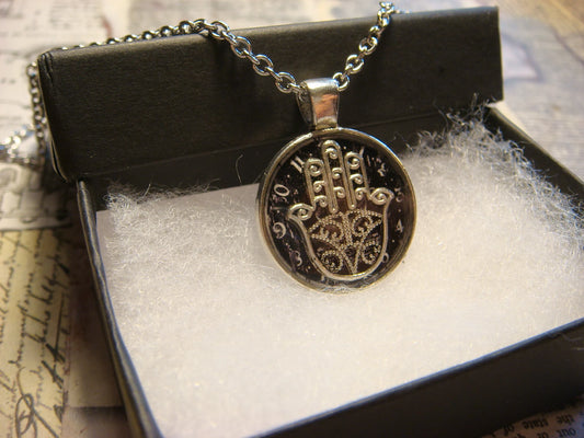Hamsa over Clock Small Pendant Necklace