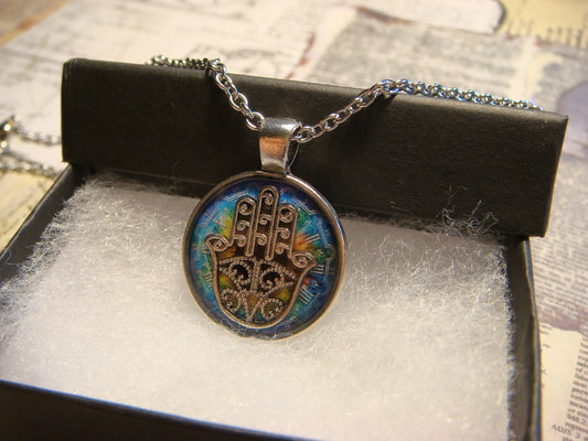 Hamsa over Colorful Clock Small Pendant Necklace