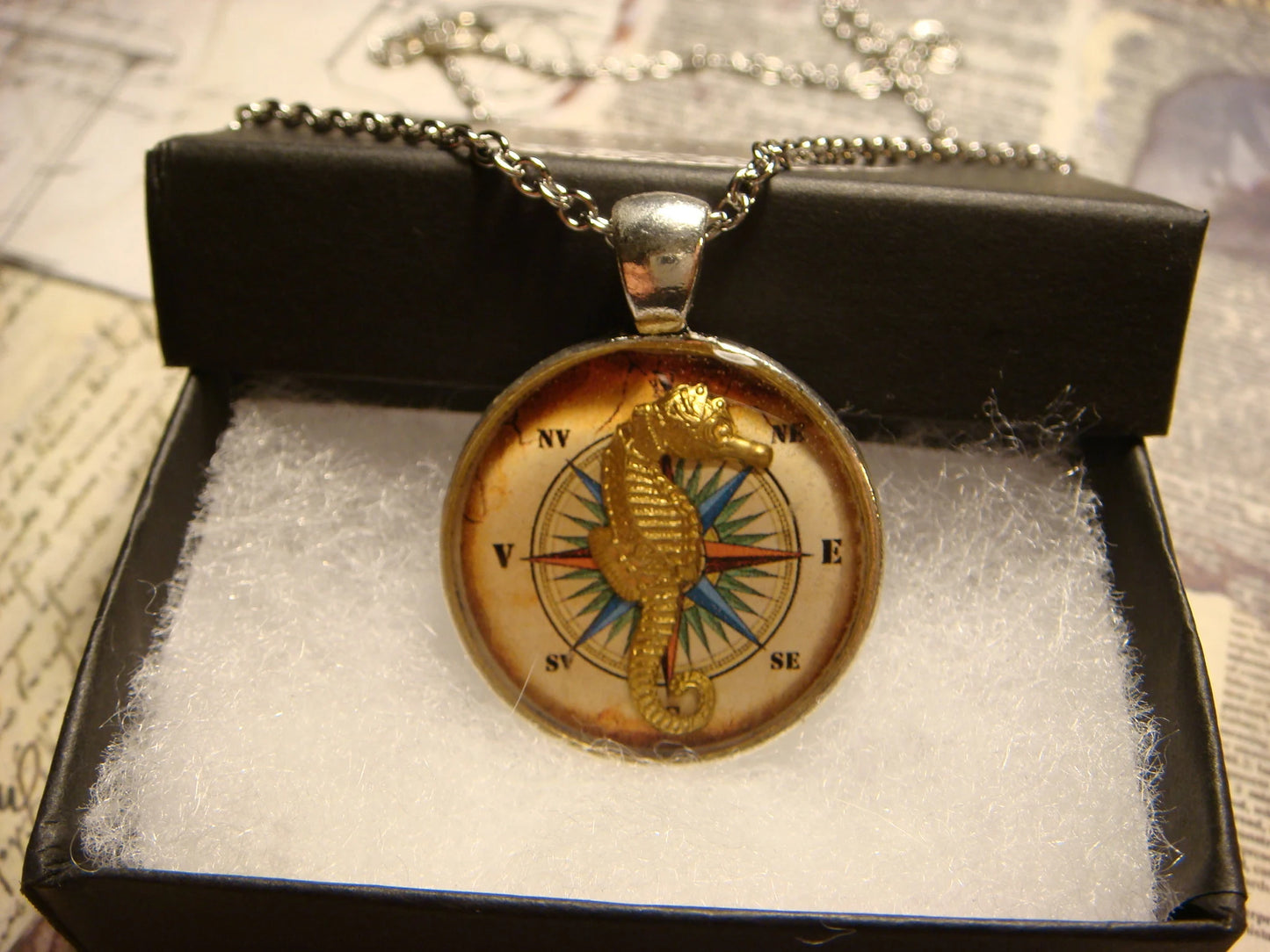Seahorse over Compass Rose Pendant Necklace