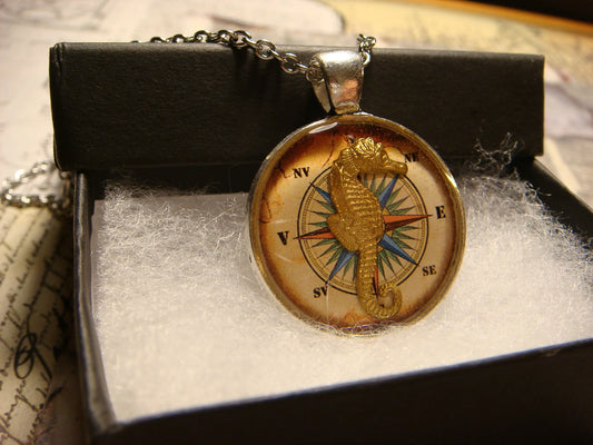 Seahorse over Compass Rose Pendant Necklace