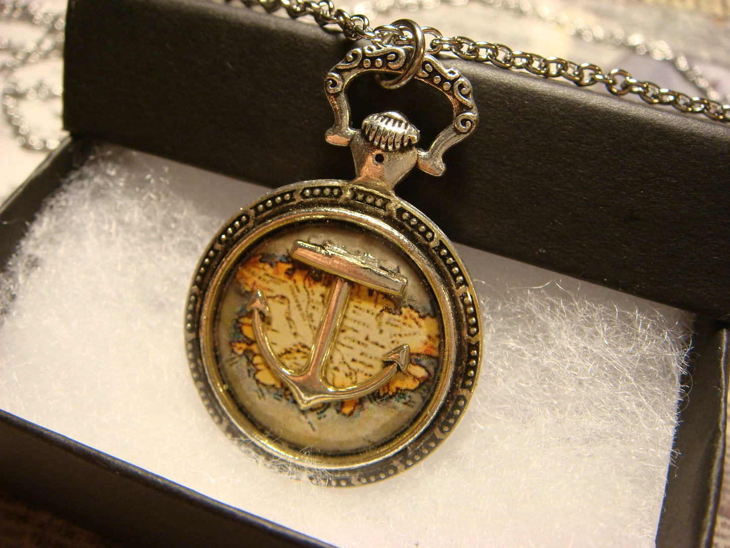 Anchor over Map Pocket Watch Pendant Necklace