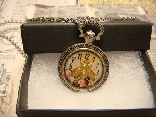 Bee over Floral Clock Pocket Watch Pendant Necklace