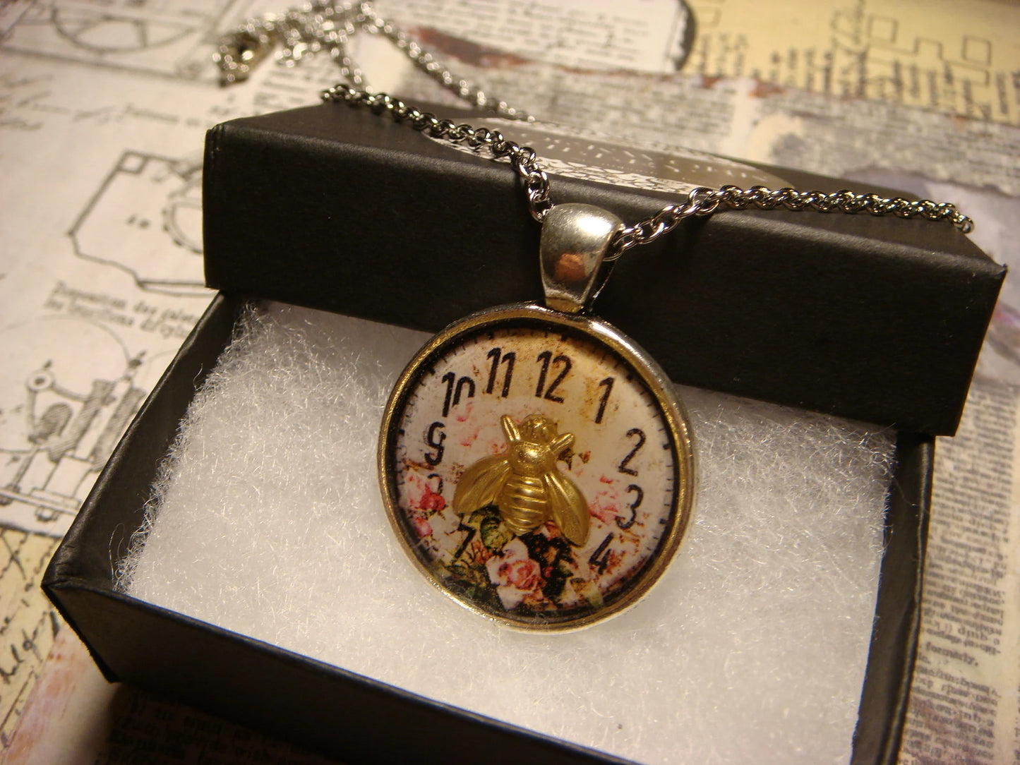 Bee over Floral Clock Pendant Necklace