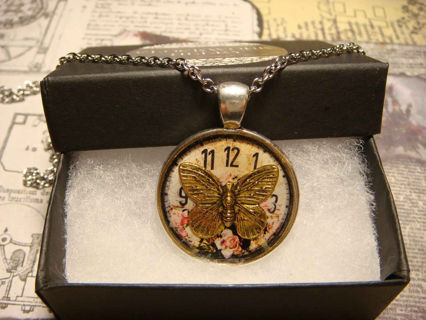 Butterfly over Floral Clock Pendant Necklace