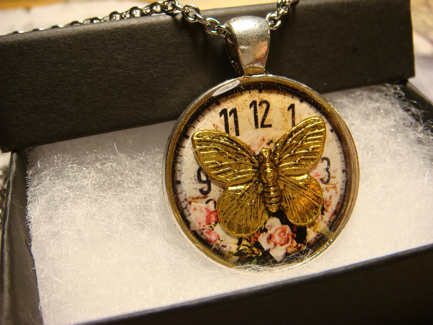 Butterfly over Floral Clock Pendant Necklace