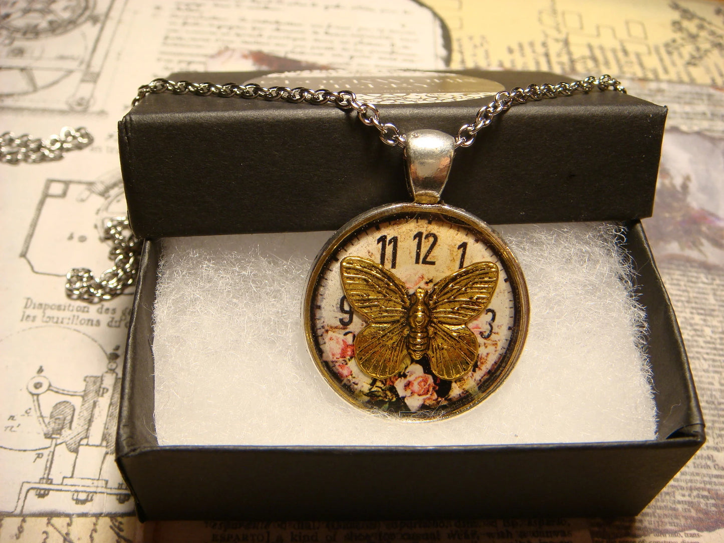 Butterfly over Floral Clock Pendant Necklace