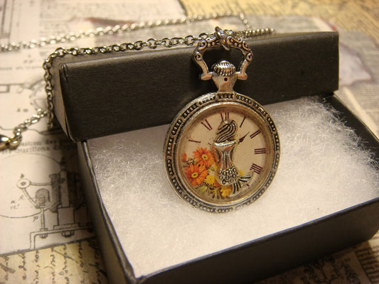 Mermaid over Floral Clock Pocket Watch Pendant Necklace