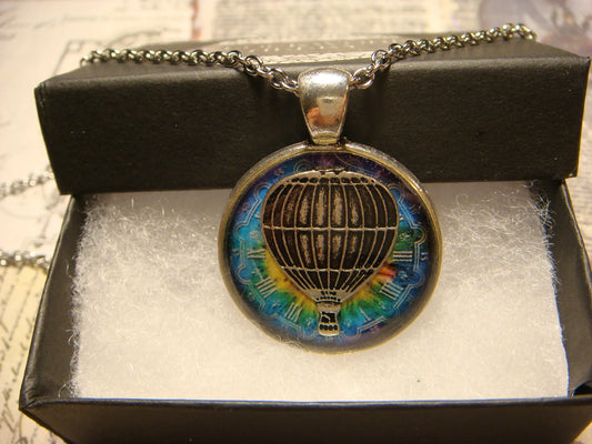 Hot Air Balloon over Colorful Clock Pendant Necklace