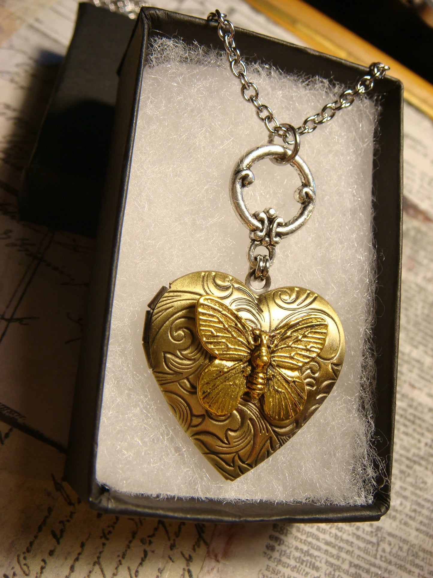 Butterfly Heart Locket Necklace in Antique Gold and Bronze