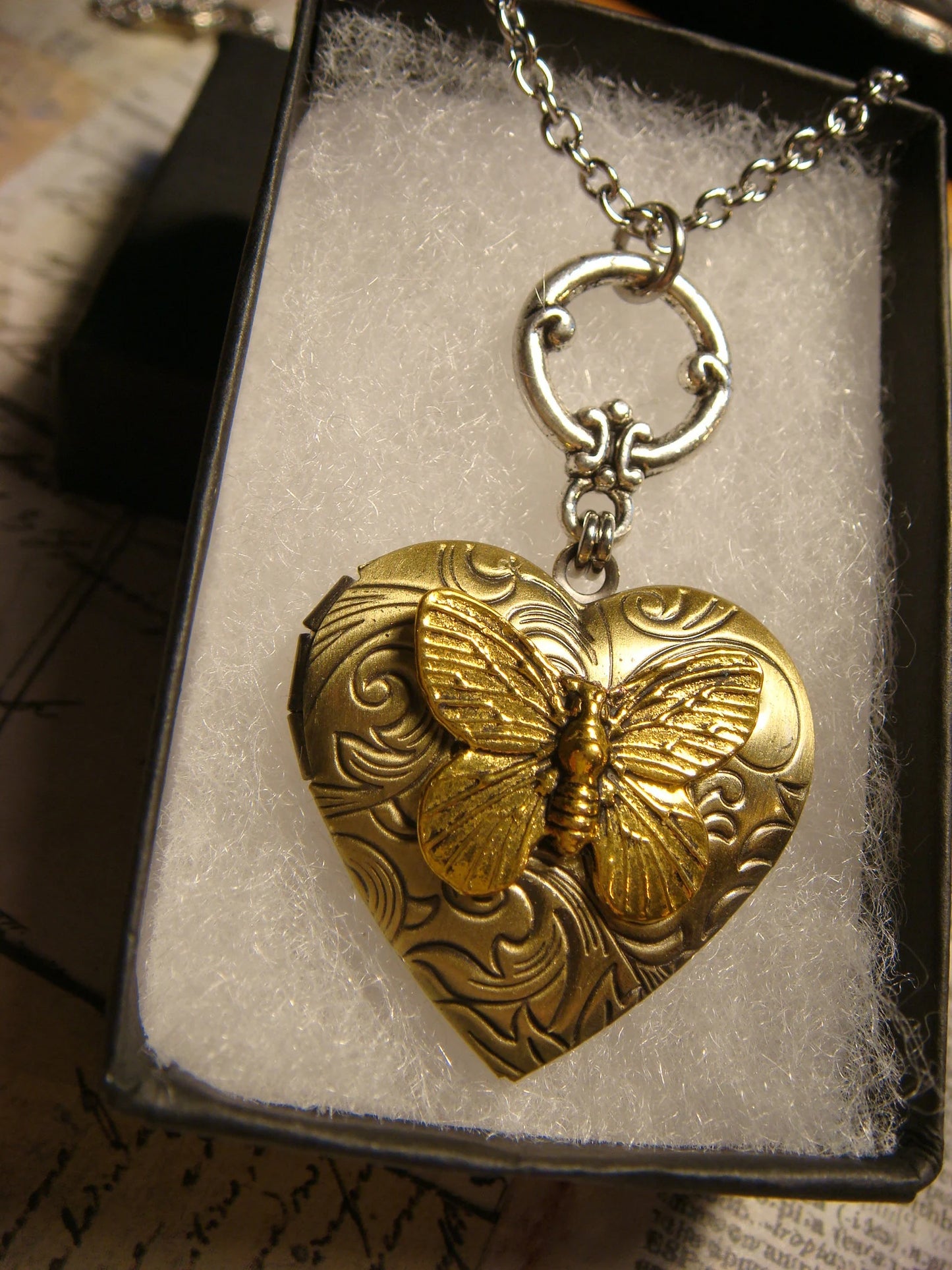 Butterfly Heart Locket Necklace in Antique Gold and Bronze