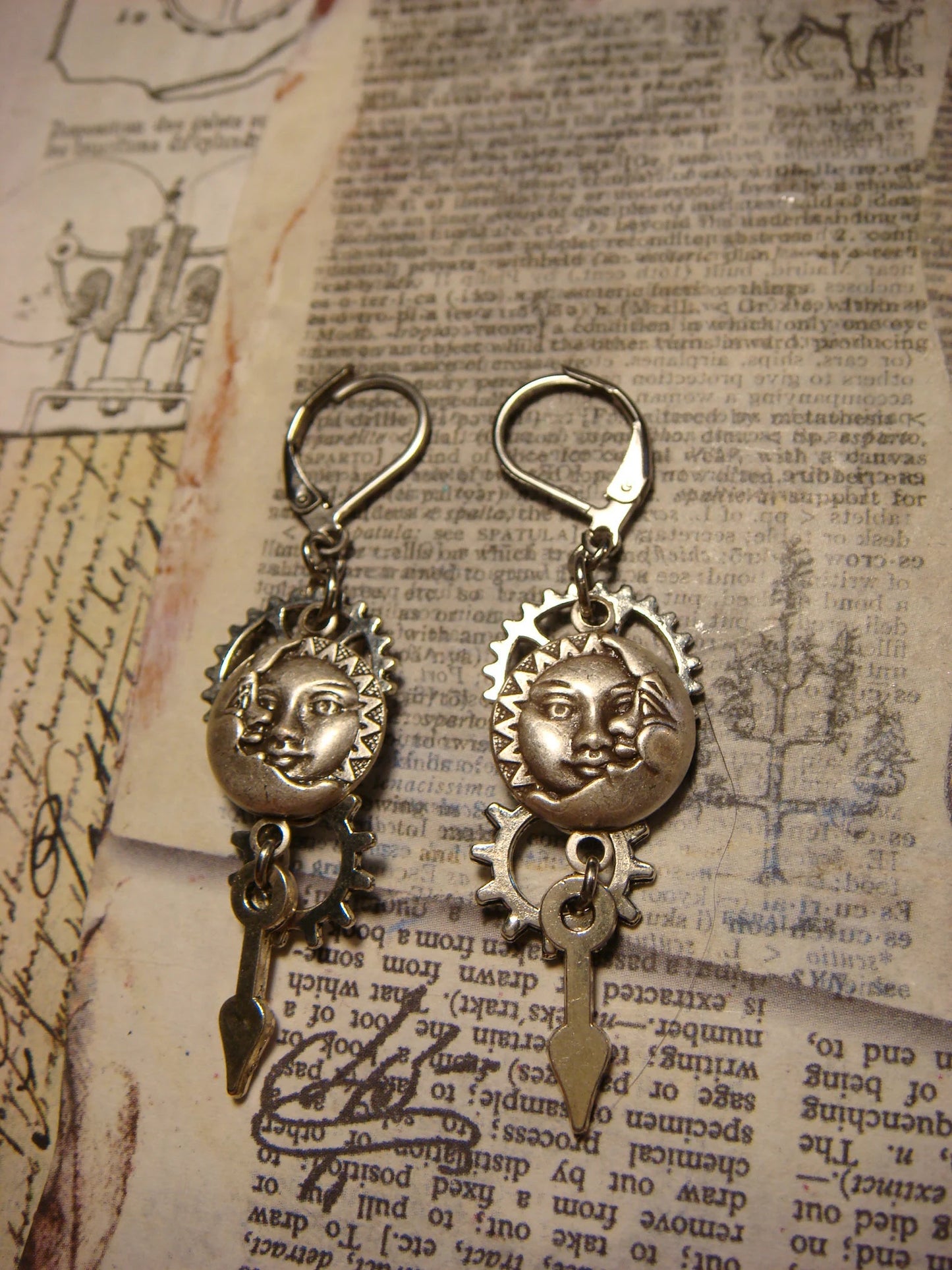 Sun and Moon with Cogs, Gears and Watch Hands Dangle Earrings