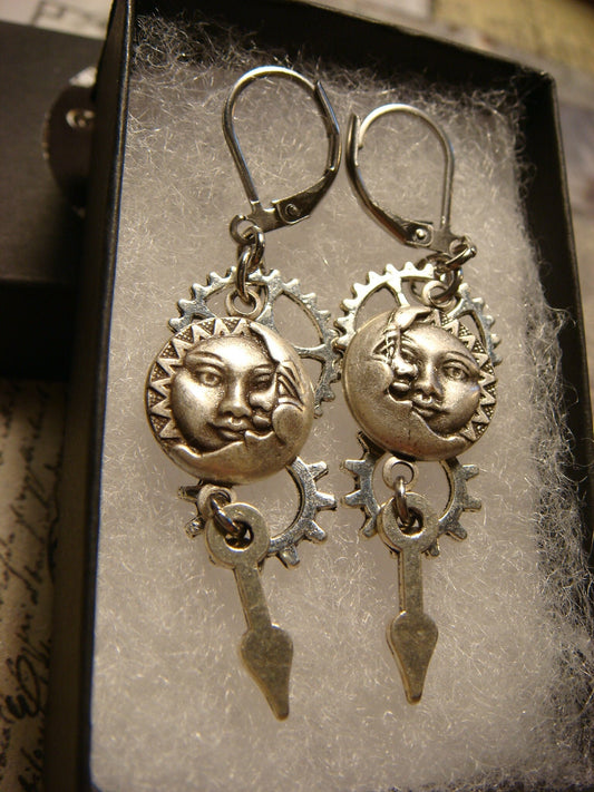 Sun and Moon with Cogs, Gears and Watch Hands Dangle Earrings