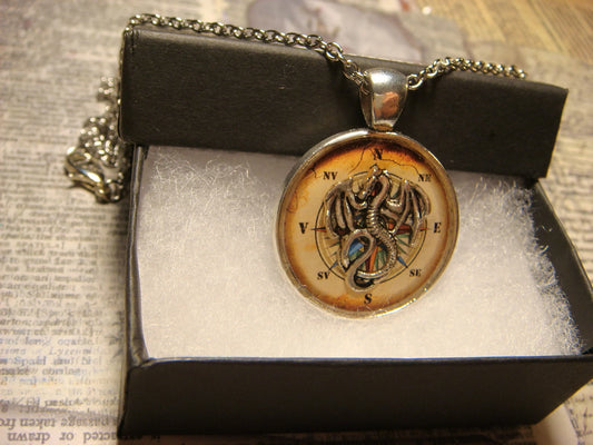 Dragon over Compass Rose Pendant Necklace