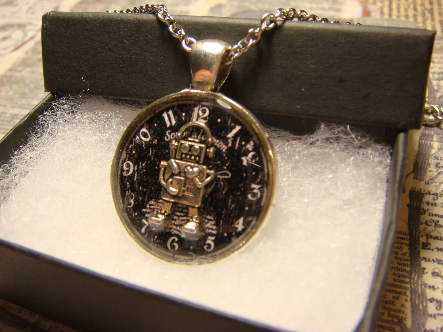 Robot over Clock Pendant Necklace