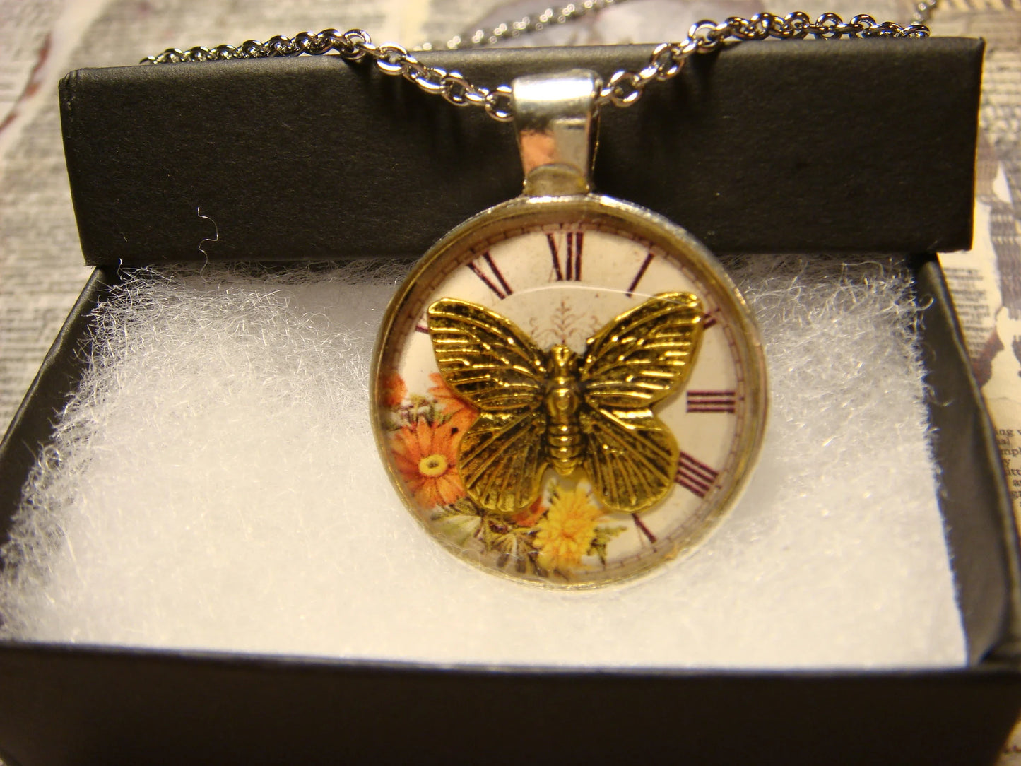 Butterfly over Floral Clock Pendant Necklace