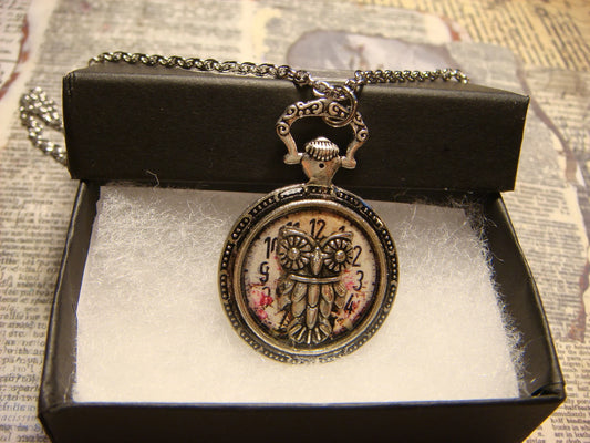 Owl over Floral Clock Pocket Watch Pendant Necklace