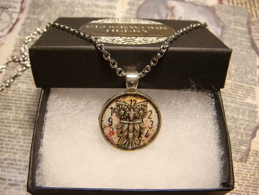 Owl over Floral Clock Small Pendant Necklace