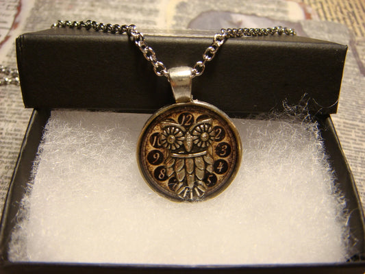 Owl over Clock Small Pendant Necklace
