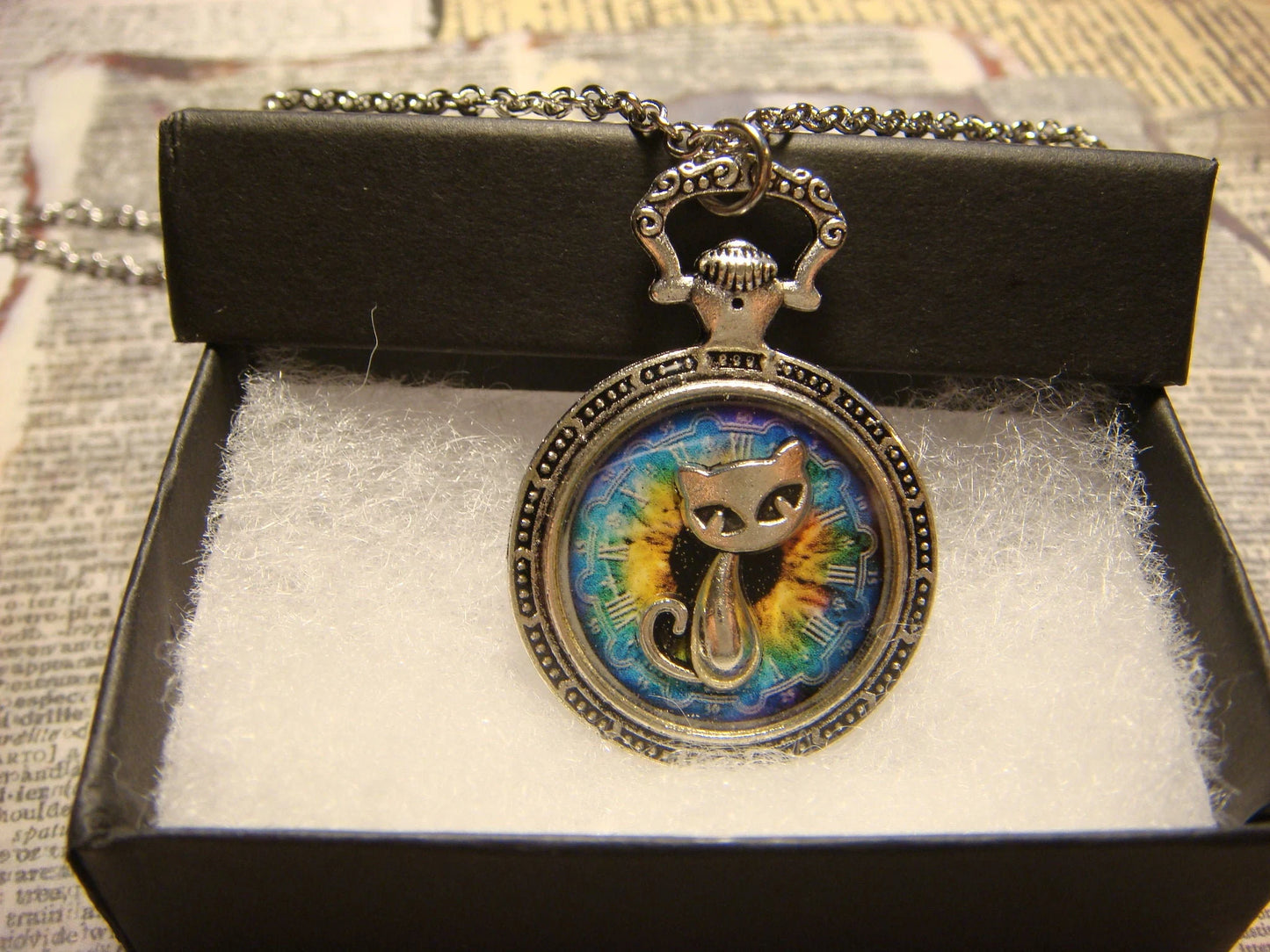 Cat over Colorful Clock Pocket Watch Pendant Necklace